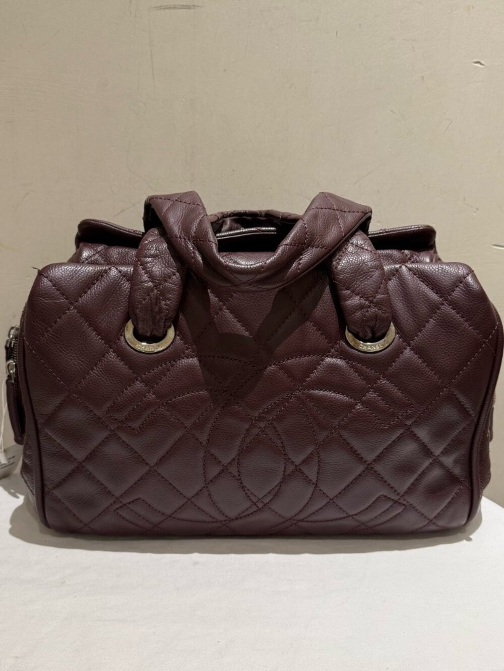 Chanel Vintage Burgundy Pebbled Calfskin Large‑C Quilted Bowling Handbag